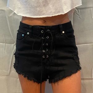 Black tie up fringed shorts